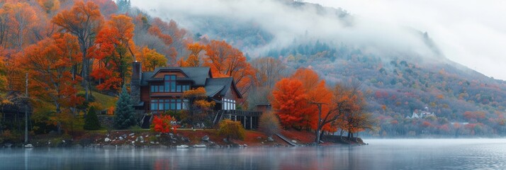 Vacation house with scenic view in Fall with colorful foliage by lake