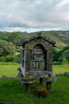 Typical Galician granary called H&oacute;rreo, Galicia, Spain