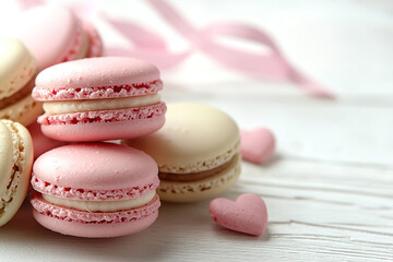 Heart shaped macaroons with ribbon on white wood background