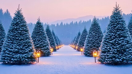A serene winter landscape featuring snowy trees illuminated by glowing lanterns under a pastel sky.