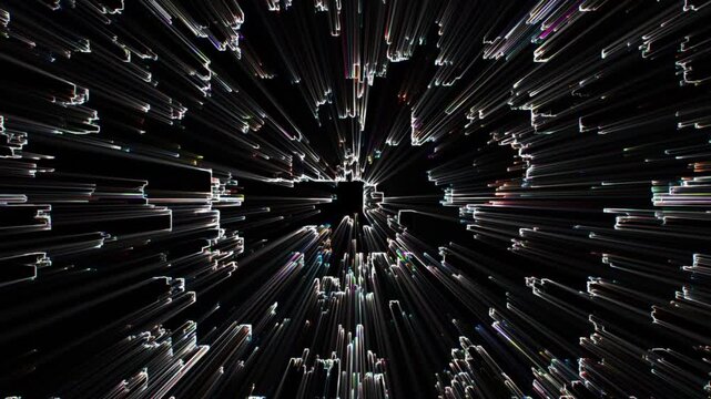 Psychedelic sunbeam glitch dynamic moving radial shapes animation on black background, hippy fluid movement trippy shapes with glitch line effect for night clubs, festival, fashion shows, video-art