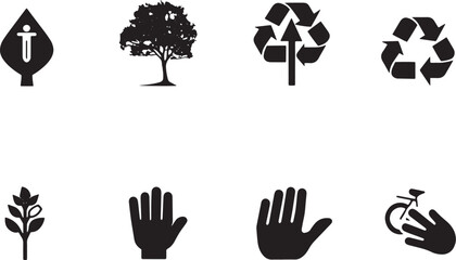 A minimalist vector icon set with a sustainable development, nature protection, eco-technology, and green living .icons in black and white style with isolated on white