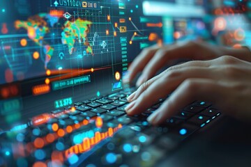 Obraz premium High-Tech Office Environment Showcasing Digital Analysis and Data Typing at Night