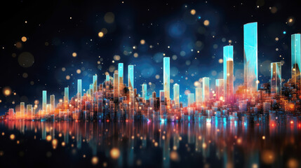 generated illustration of red arrow pointing up on the stock market graph with a building background