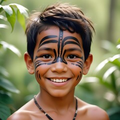 A young Aboriginal boy with short black hair, adorned with tribal face paint