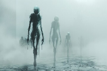 Fototapeta premium Eerie Figures Emerging From Thick Fog in Dark Urban Landscape at Dusk
