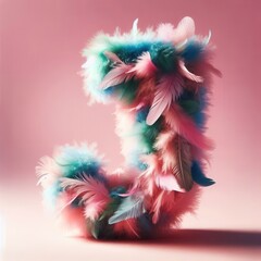  Letter J beautifully crafted from an assortment of feathers in soft pink, blue, and green hues, set against a soft pink background, Soft and delicate typography, playful and colorful letter design.