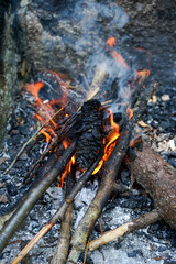 Small controlled fire in camp, close up, Spain