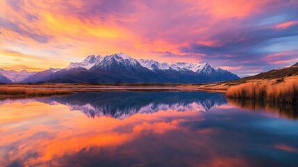 Fototapeta premium Majestic Mountain Reflected in Still Lake with Vibrant Sunset Colors and Snow-Capped Peaks. AI generated illustration