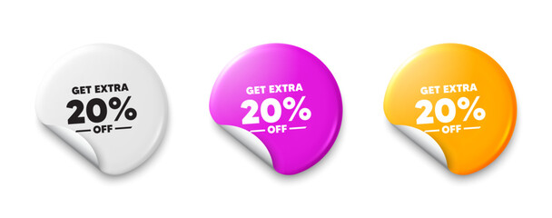 Get Extra 20 percent off Sale. Price tag sticker with offer message. Discount offer price sign. Special offer symbol. Save 20 percentages. Sticker tag banners. Discount label badge. Vector