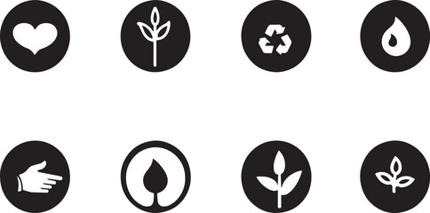 A minimalist vector icon set with a sustainable development, nature protection, eco-technology, and green living .icons in black and white style with isolated on white
