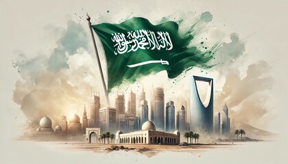 Saudi national day poster illustration in watercolor style with iconic buildings