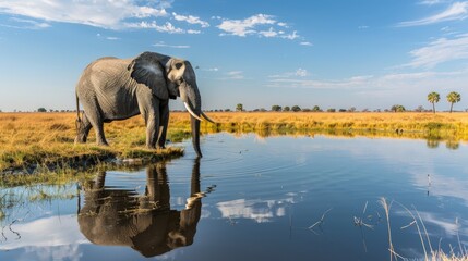 An elephant stands by a serene water body in a grassy landscape under a blue sky.