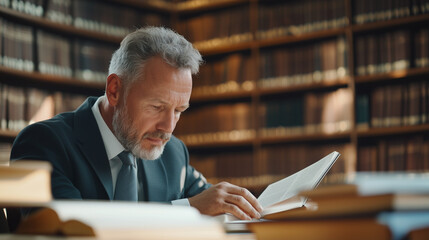 A mature professional man thoughtfully studies legal texts in a library filled with books, his focused expression and the rich surroundings of towering bookshelves capturing the de