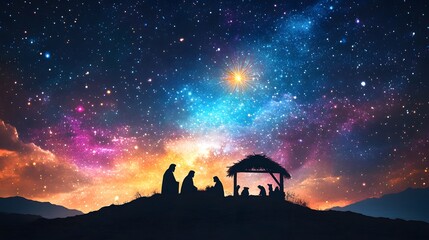 The star shines above the manger, with three kings and camels standing in silhouette against it