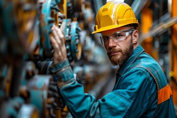 Skilled Technician in Safety Gear Working on Machinery in Industrial Setting During Daytime