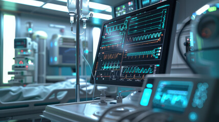 Fototapeta premium Medical technology hospital setting showcasing use computer technologies for treatment. Concept Hospital Technologies