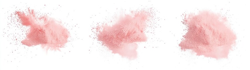 Fototapeta premium Three Explosions of Light Pink Powder on White Background