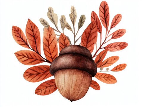 Cozy autumn planner clipart in a watercolor style featuring a delicate acorn surrounded by vibrant fall leaves in shades of orange brown and green  This nature inspired design is perfect for planning