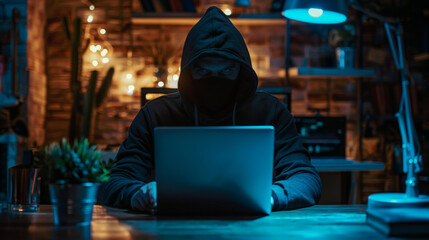 darkened hacker person hidden behind a dark hood and sitting at a laptop