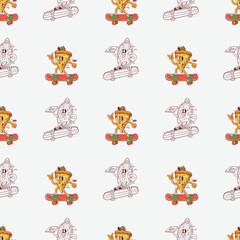 seamless pattern of a cartoon character of a pizza playing skateboard