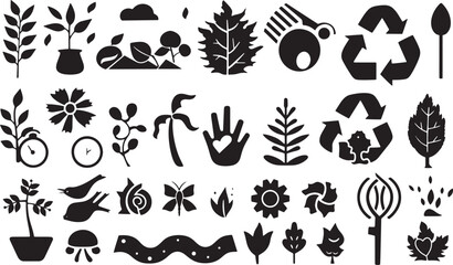 A minimalist vector icon set with a sustainable development, nature protection, eco-technology, and green living .icons in black and white style with isolated on white