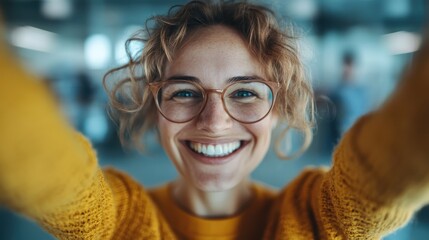 A cheerful woman with wavy hair in glasses and a yellow sweater takes a joyful selfie indoors. Her broad smile radiates warmth and friendliness.