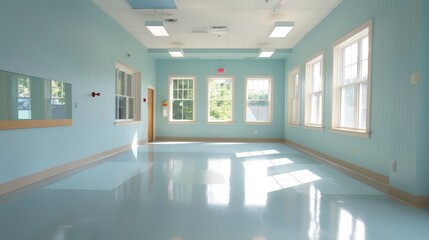 A large room with a blue wall and a white floor