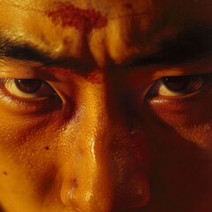 Naklejka premium Extreme close-up of an injured Asian man staring intensely with determination under warm dramatic lighting.