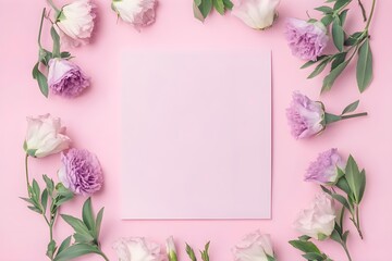 Empty square paper card with border frame made of eustoma flower on a pink pastel background. Springtime concept.