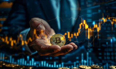 man in rich suit showing bitcoin coin in own hand and yellow forex trading graphic down on the background