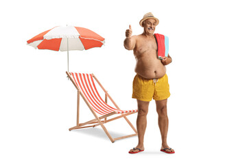 Beach chair and a male tourist gesturing thumbs up - Powered by Adobe