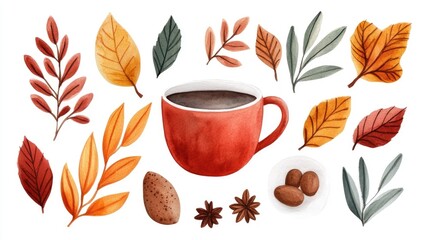Cozy autumn planner clipart in a warm watercolor style featuring a still life arrangement of autumn spices and a hot beverage isolated on a clean white background