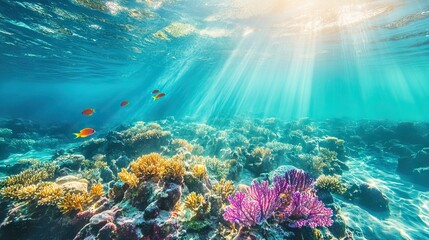 Naklejka premium Vibrant Coral Reef Teeming with Marine Life in Crystal-Clear Turquoise Waters with Sunlight Rays. AI generated illustration