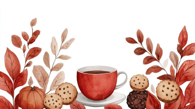 Cozy Autumn Planner Clipart in Watercolor Style Featuring Warm Beverage and Baked Treats on White Background