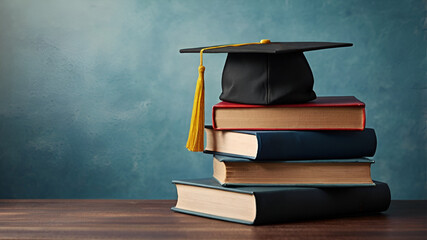 Graduate Background With Pile of Books and Black Toga Hat on Wooden Table on Blue Background