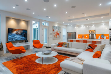 interior design, a vibrant modern living room featuring energetic orange accents against a backdrop of clean