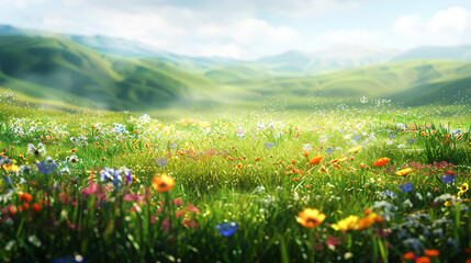 Fototapeta premium A vibrant meadow filled with vibrant wildflowers, set against backdrop of rolling green hills and distant mountains under clear blue sky. Natural background, copy space, banner