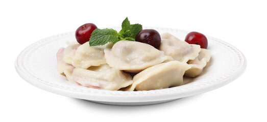 Traditional Ukrainian dumplings (varenyky) with cherries isolated on white