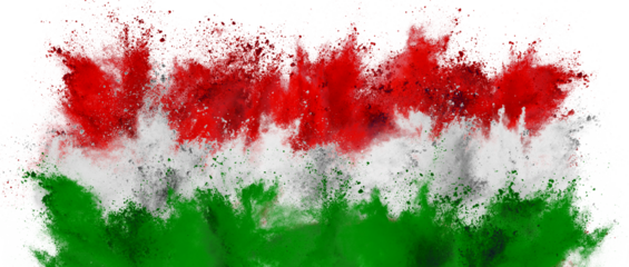 colorful flag of hungary with white green red color holi paint powder explosion isolated on white background. hungarian national europe travel and tourism concept.