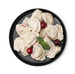 Traditional Ukrainian dumplings (varenyky) with cherries isolated on white, top view