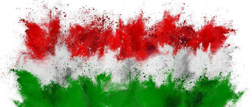colorful flag of hungary with white green red color holi paint powder explosion isolated on white background. hungarian national europe travel and tourism concept.