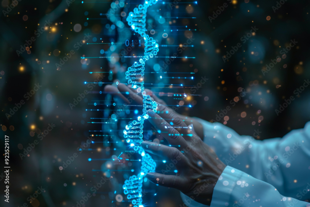 Wall mural Medicine doctor holding blue helix DNA structure on hologram modern virtual screen interface and diagnose healthcare on digital network