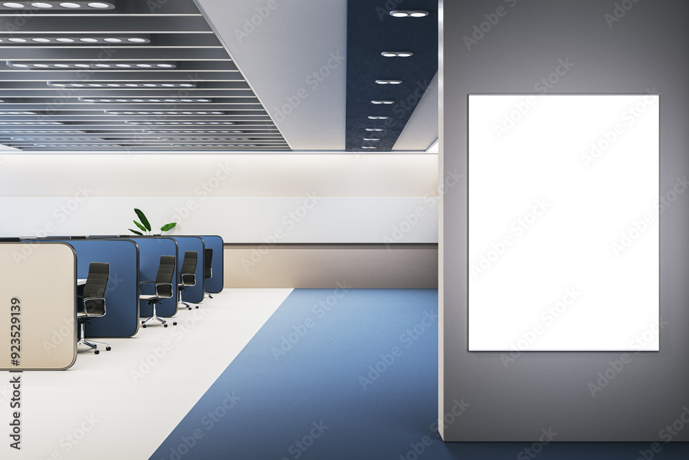 Poster modern blue coworking interior with partitions and blank white mock up banner on wall. 3d rendering.