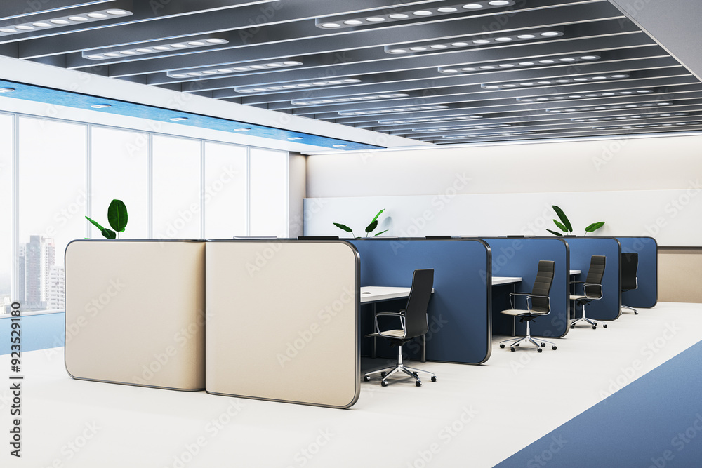Poster modern blue coworking interior with partitions and panoramic windows with city view. 3d rendering.