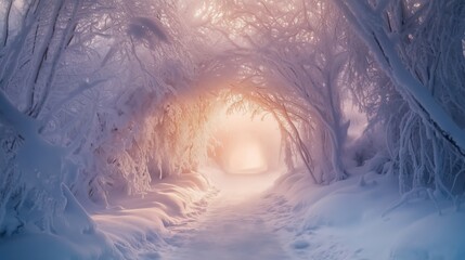Winter landscape pathway through a snowy icy forest.