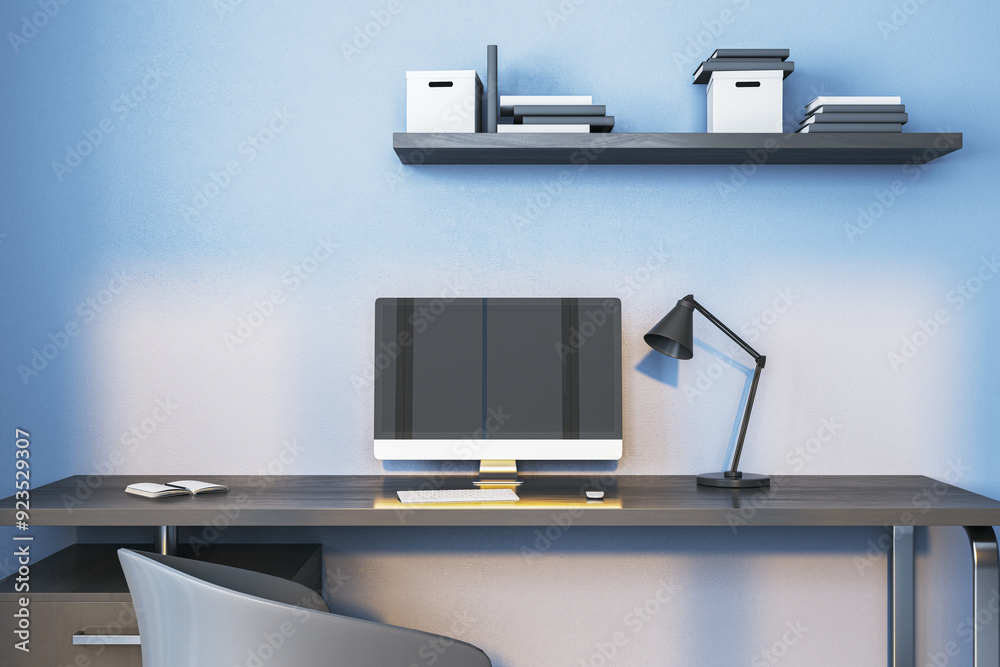 Poster Modern blue home office interior with computer monitor and other objects on desk. 3D Rendering.