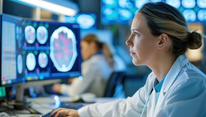 Doctor analyzing brain scan images on multiple screens at a modern medical lab, focusing on neurological research and diagnosis.
