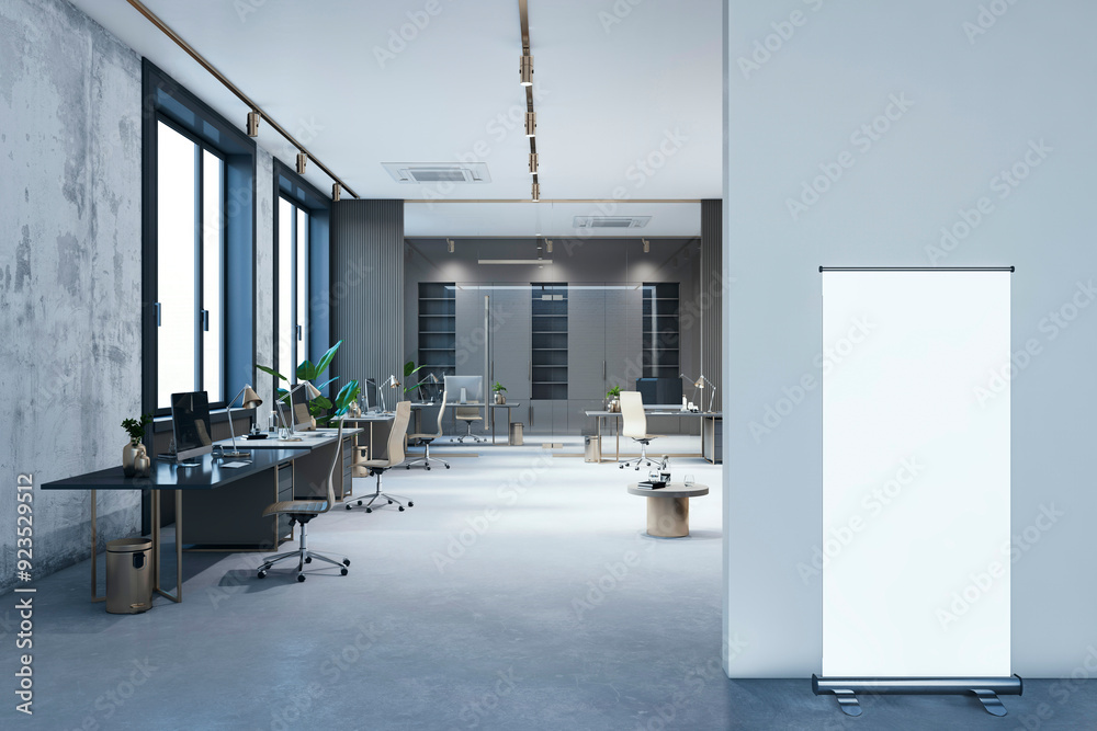 Aufkleber modern gray office with empty mock up roll-up banner, panoramic windows and city view, glass partiti