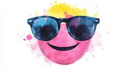 Retro Groovy Summer Watercolor Clipart of a Smiley Face with Sunglasses Isolated on a White Background  Vibrant Fun and Colorful Graphic Design Element